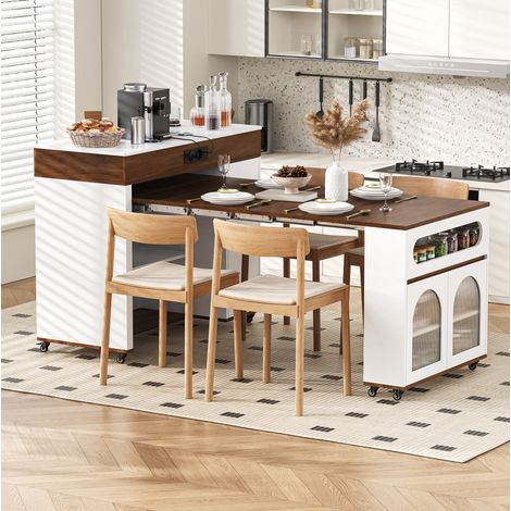 Table extensible à roulettes 50,5 à 187,5 x 110,5 x 95,5 cm, prises, blanc et noyer OKMYHOME (1/5)