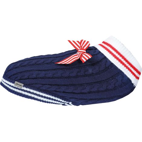 Pull pour Chien Chaud et élégant. Pull à col Haut, en Maille Anglaise et nœud décoratif, Trou Laisse et Lavable en Machine Bleu, XXS