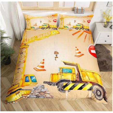 Garçon Excavatrice Parure de Lit bâtiment Jaune Camion Réversible Housse de Couette 200x200cm bâtiment Construction véhicule - XZJ (1/4)