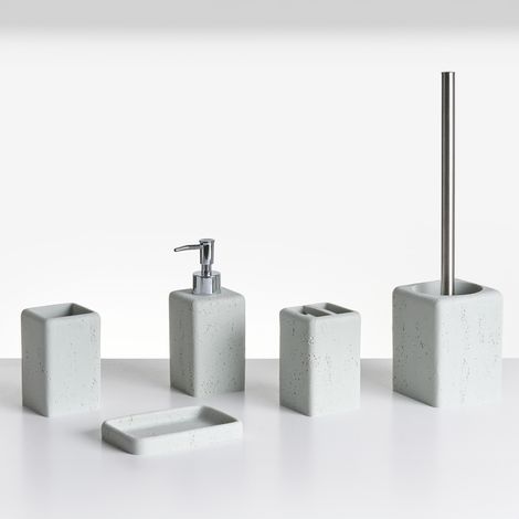 Conjunto de 5 accesorios de baño jabonera dispensador de jabón escobilla de inodoro vaso soporte cepillos gris efecto hormigón Vilcanota