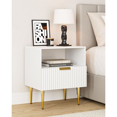 White Wooden Bedside Table with 1 Drawer and Gold Legs, 50 x 40 x 60 cm, Furniture for Bedroom Living Room (1/5)