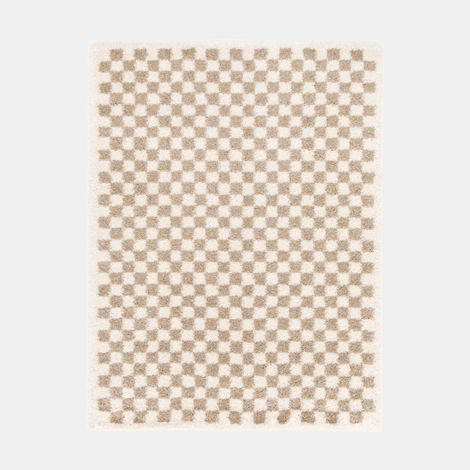 Décoweb – Tapis shaggy damier à poils longs 30 mm – Beige rétro – 80 x 150 cm – 100% polypropylène – Entretien facile