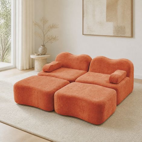 Divano modulare 2 posti con 2 pouf in velluto arancione (1/5)
