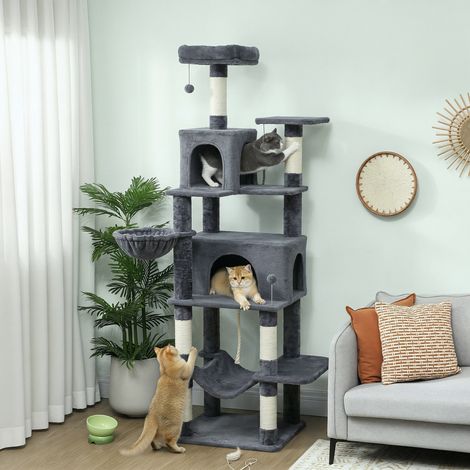 Arbre griffant 60x48x202 cm Gris pour chats avec rampe de tour plate-forme pour avec lit de grottes Poteaux en sisal