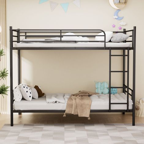 Lit superposé en acier 90x190 cm avec garde-corps haut, échelle antidérapante, structure renforcée, pour enfants et adultes, noir (1/5)