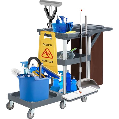 Carro de limpieza, diseño de 3 estantes, capacidad de 100 kg, ruedas con freno, material resistente, ideal para hoteles y escuelas. (1/5)