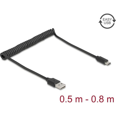 Delock Cable en espiral EASY-USB 2.0 Tipo-A macho a USB Type-Câ¢ macho 0,5 m a 0,8 m negro