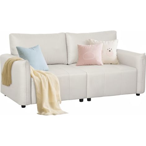 Homcom – Canapé droit 3 places effet capitonné – Dimensions 196 x 80 x 84 cm – Tissu lin blanc cassé – Piètement noir – Rembourrage mousse épaisse