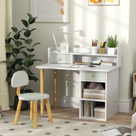 Set scrivania per bambini con sedia, scrivania scolastica per bambini con cassetti, scomparto e ripiani, verde chiaro e bianco