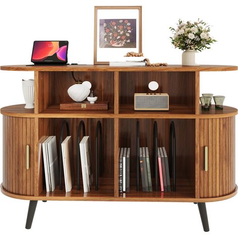 Pour Disques et Platine Buffet Hi-Fi pour Salon Forme Ovale et Portes Coulissantes Cannelées Finition Noyer (1/5)