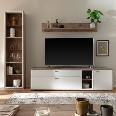 Wohnwand in Eiche und weiß modern mit Vitrine, Wandboard & Lowboard, 3-teilig - SAGUNTO-05 (1/5)