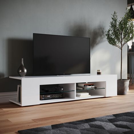 SONNI TV Schrank mit LED Beleuchtung Hochglanz Lowboard Weiß,Glasböden,ohne Schranktüren,135cm breit (1/5)