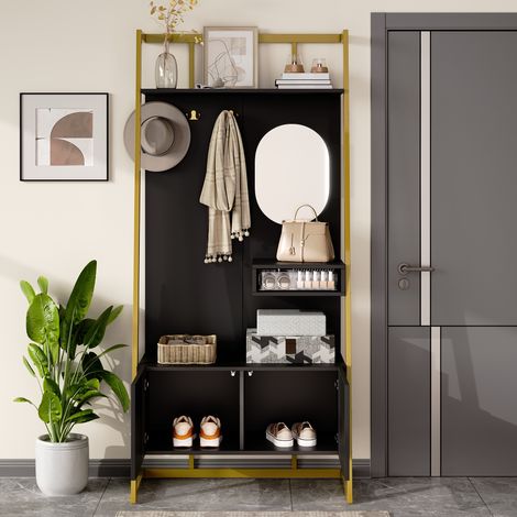 Porte-manteau minimaliste compact,rangement ouvert multifonction avec miroir/crochets métalliques + banquette chaussures