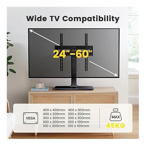 Télévision Support sur Pied TV Universel Pivotant - pour TV LED OLED LCD de 24-60 Pouces, Support de TV Réglable en Hauteur, Supporte 45 kg Max. VESA 400x400 mm