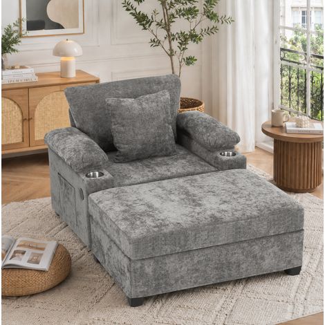 Sillón relax de chenilla gris con portavasos, función USB y cojines, OKWISH (1/5)