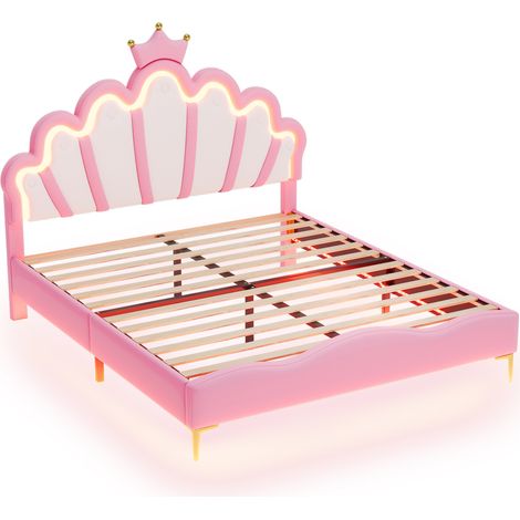 Letto matrimoniale 140x200 cm a corona con rivestimento in pelle PU rosa e luci LED (1/5)