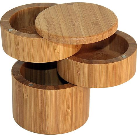 Pot à épices pour assaisonnement, pot à épices en bois, boîte à sel en bambou, récipient à épices rond avec couvercle à torsion magnétique, 3 niveaux, pour la cuisine, sel, herbes, haricots, poudre (m (1/2)
