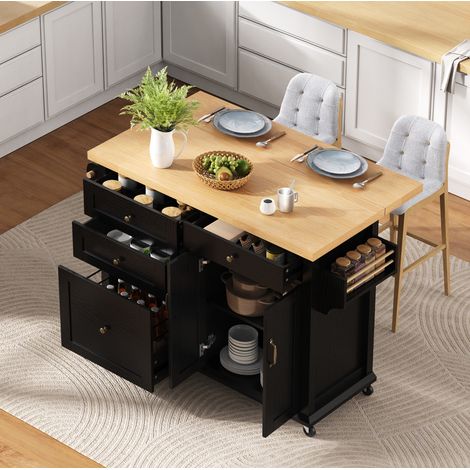 Îlot de cuisine 107x45-70x90.5 cm noir et naturel en MDF avec plateau extensible et rangements