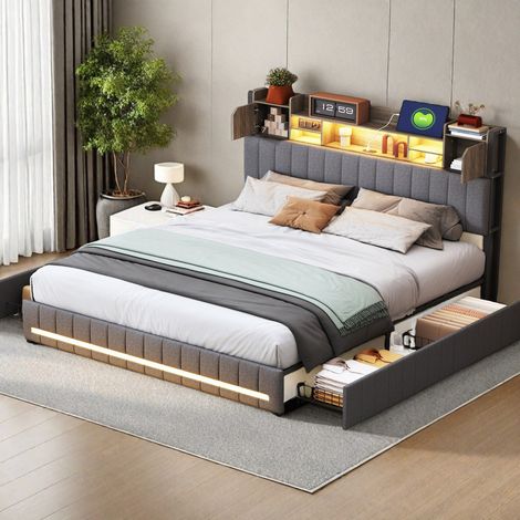 Lit Double 160x200 avec 4 Tiroirs & Éclairage LED – Tête de Lit Rembourrée en Lin Gris avec Ports USB/Type-C et Grand Coffre de Rangement (1/5)