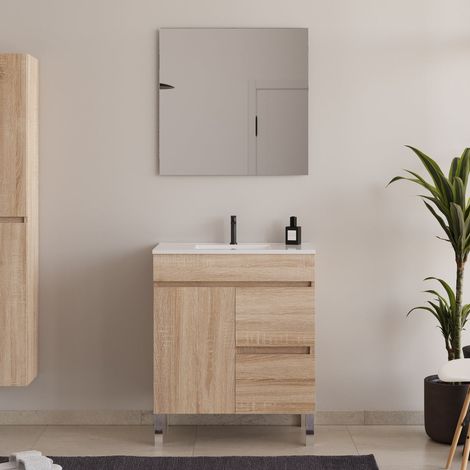 Meuble de salle de bain 60cm sur pieds avec simple vasque avec porte et tiroirs - cambrian (chêne clair) - HARO