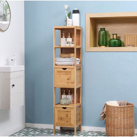 Badezimmerschrank Hochschrank aus Bambus Natur, 30 cm breit, mit 3 offenen Fächern und 2 herausnehmbaren Schubladen (1/5)