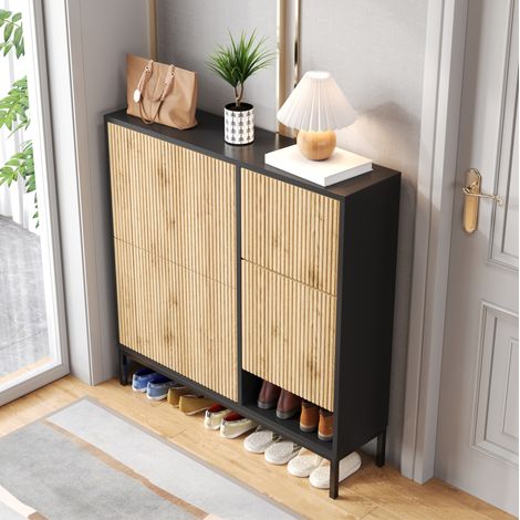 Zapatero con banco extraíble y hueco abierto 100 x 25 x 100 cm MDF negro efecto madera (1/5)