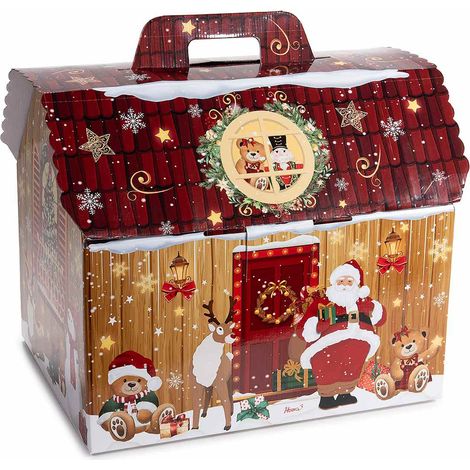 Scatole natalizie a casetta in cartone con manico, decorate fantasia Natale, set da 5 pezzi, cm36,5x26,5x30H(con manico34)