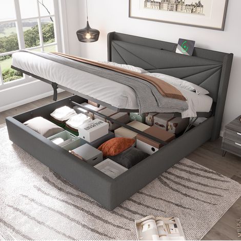 Letto matrimoniale 180x200 cm in tessuto grigio con contenitore e USB, senza materasso – MEUBLIV (1/5)