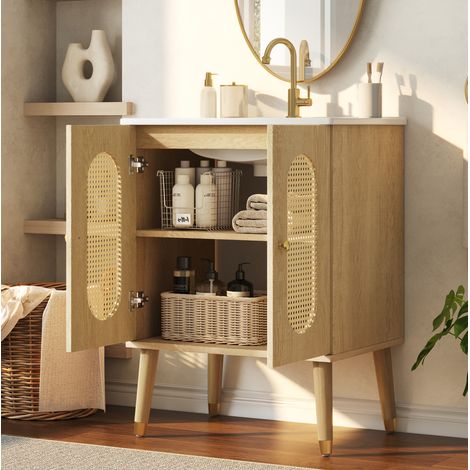 Meuble de salle de bain 61 cm avec lavabo en céramique, portes en rotin et finition bois naturel (1/5)