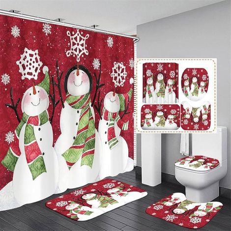 Juego de cortina de ducha navideña de 4 piezas，Tema muñeco de nieve，Alfombrillas antideslizantes para baño + Artículos de aseo + 12 ganchos (1/5)