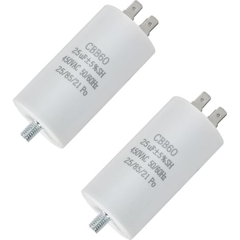 2 Pièces CBB60 25µF 450V Condensateur de Démarrage 25uf pour Moteur Monophasé, Condensateur Moteur 40 x 70 mm, Tension 450V AC, Idéal pour Machines à Laver, Sèche-Linge, Pompes, Réfrigérateurs (1/5)