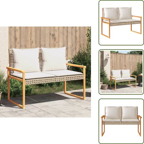 The Living Store Gartenbank mit Kissen Beige Poly Rattan Akazienholz - Gartensessel - Gartenbank - Outdoor Möbel - Balkonmöbel - Terrasse