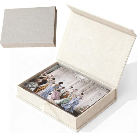 Boîte de rangement pour photos - 17 x 12 cm - En lin - Petite boîte de rangement avec couvercle - Beige - Pour photos, images, cartes, œuvres d'art, certificats (1/5)