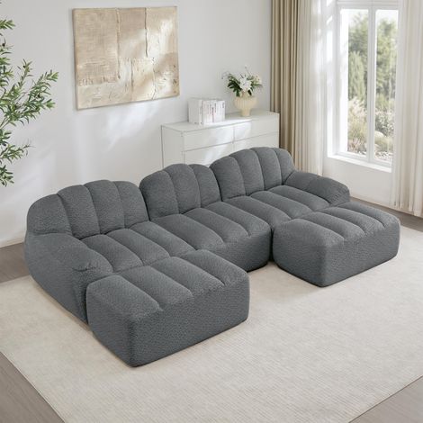 Canapé modulable 3 places en forme de U avec 2 poufs, sans armature, en mousse haute densité 32D, assise profonde, idéal pour le salon, tissu doux, gris (1/5)