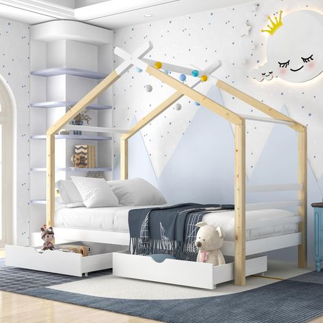 Lit cabane enfant 90x200 cm en pin massif blanc et bois avec tiroirs de rangement, sommier à lattes inclus, sans matelas (1/5)