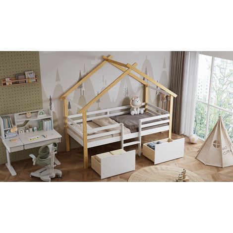 Kids House Bed Single 3ft with Drawers Safety Guardrail White (1/5)
