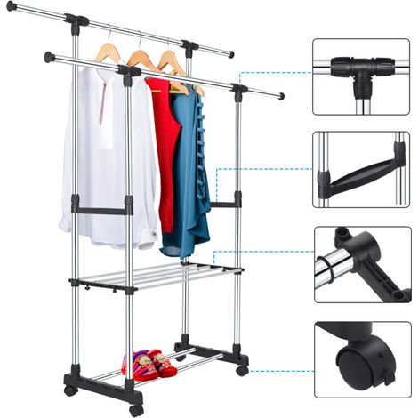 2 Kleiderstangen Wschestnder auf Rollen, Ausziehbar von 75 bis 151 cm, Hhenverstellbar (1/5)