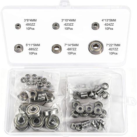 Lot de 60 roulements à billes 6 tailles 693ZZ, 623ZZ, 624ZZ, 685ZZ, 687ZZ, 627ZZ, double blindage, mini roulement à billes rainuré, roulement Mni pour skateboards, chariots, moteurs électriques (1/5)