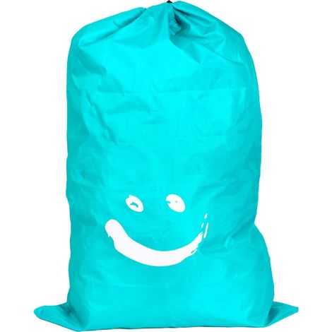 Sac à linge en nylon bleu à cordon, cylindre pour voyage, vêtements sales, couette, livres, rangement maison, motif visage souriant (1/5)