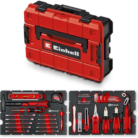 Original Einhell E-Case 79-tlg. Werkzeugkoffer Umzug (Schlosserhammer, Zangen, Bit-Zubehör, Abbrechklingenmesser, Maßband, Wasserwaage, Gabel-Ringschlüssel, Systemkoffer)