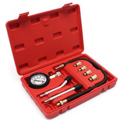 Kit 9 pièces de Testeur de compression - 0-21 bars / 0-300 PSI - avec Tuyaux et Adaptateurs - dans un Coffret - pour Moteurs à essence de Voiture Poids lourd Camions Motos