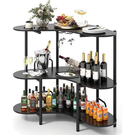 COSTWAY Tavolo da Bar 120 x 66 x 102 cm, Portabottiglie Vino a 3 Ripiani con Portabicchieri e Mensole di Stoccaggio, Isola Cucina Industriale per Bistro (Nero) (1/5)