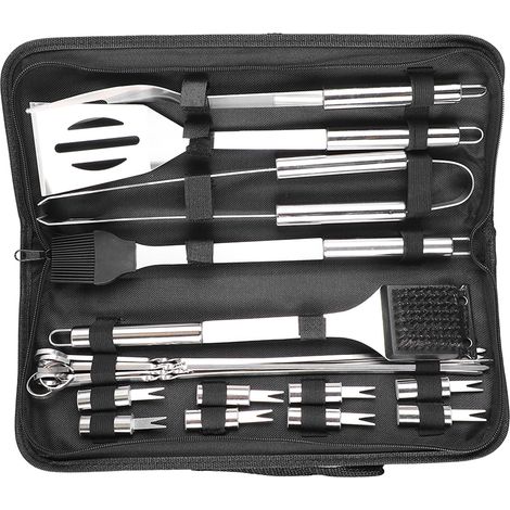 Ensemble de 20 pièces pour barbecue professionnel en acier inoxydable : pinces, spatule, fourchette et brosse. Idéal pour le camping et les voyages en plein air. (1/5)