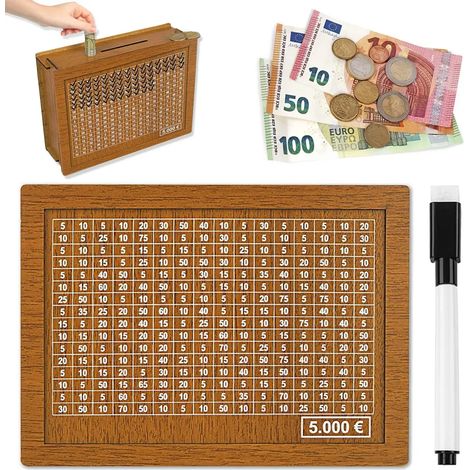 Tirelire en bois vintage, boîte de rangement pour argent, coffre d'épargne, tirelire enfant objectif d'épargne, cochon tirelire avec marqueur, tirelire réutilisable avec objectif et chiffres à cocher (1/5)