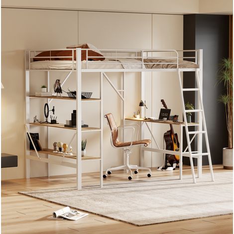 letto a soppalco 90x200 con scrivania ripiani bianco HAVRYA (1/5)