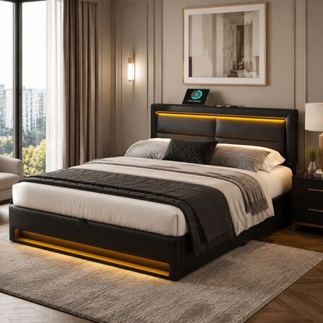 DESMIU Lit adulte 140 × 190 cm 2 places avec port USB, LED réglable et rangement, sans matelas, en PU noir (1/5)