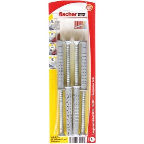 Fischer taco de eje largo sxrl 10x80 tk gris claro, 4 piezas, con tornillo 62410