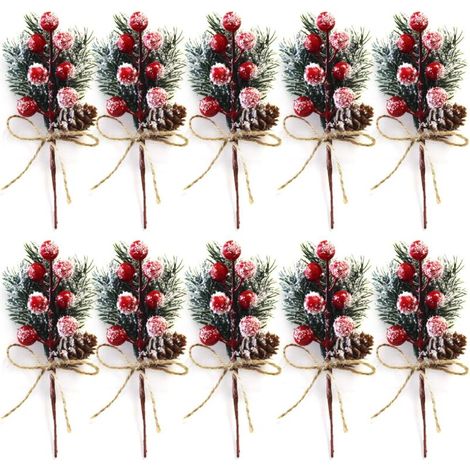 Set di 10 rametti di bacche natalizie rosse, 20 cm - Piccole decorazioni natalizie artificiali con pigne, agrifoglio, bacche natalizie, decorazioni floreali per ghirlande natalizie