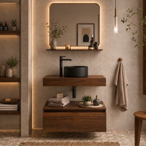 Ensemble salle de bain Noyer : Plan suspendu 80 cm + Meuble + Vasque + Robinetterie noire (Bonde + Siphon inclus)