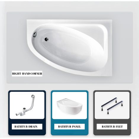 Asymmetrische Badewanne - 140 x 80 cm - Links - mit weißer Verkleidung - mit Füßen - Ablaufgarnitur Chrom - CORNEA (1/5)